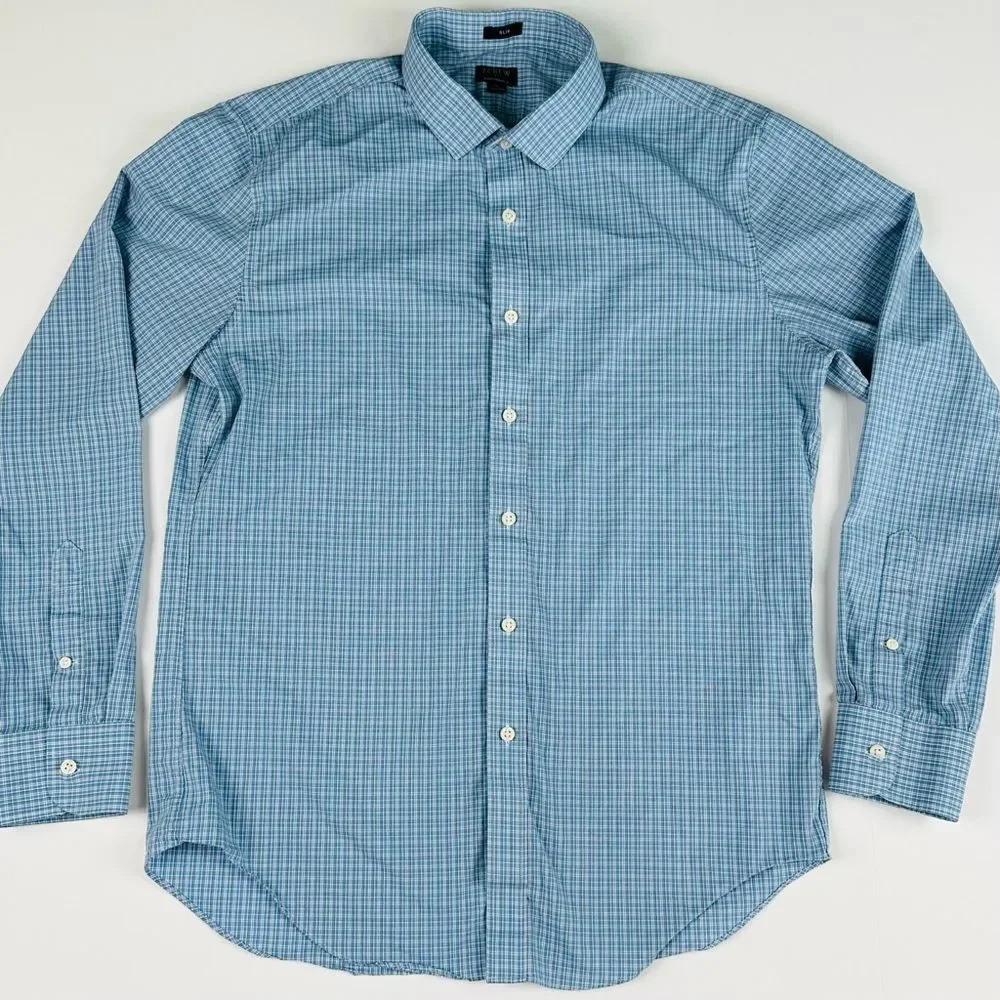 J.Crew Shirt Men's L Slim Fit Blue White Grey Plaid Button Up Long Sleeve Casual